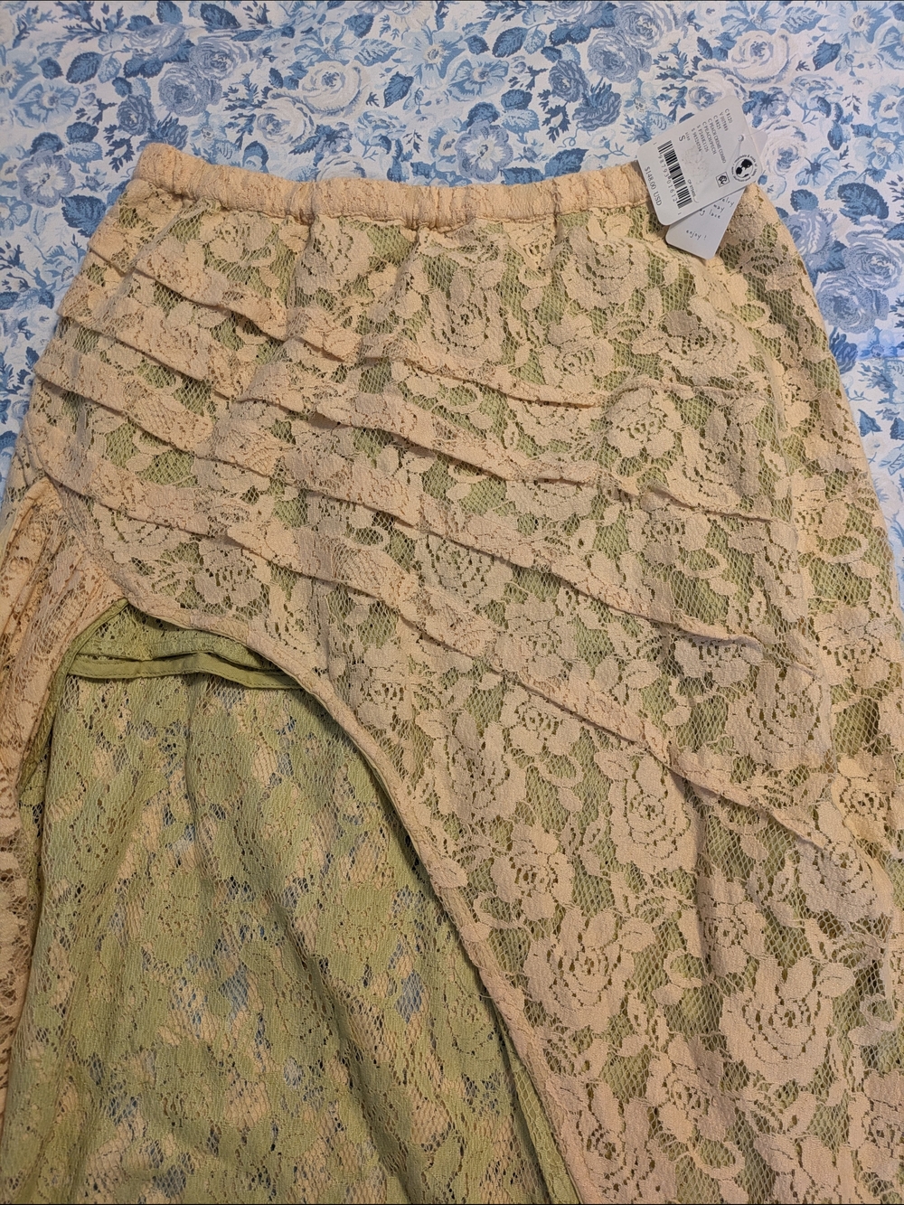 Free People Solene Lace Maxi Skirt in Peachy/Green Combo - Picture 4 of 6